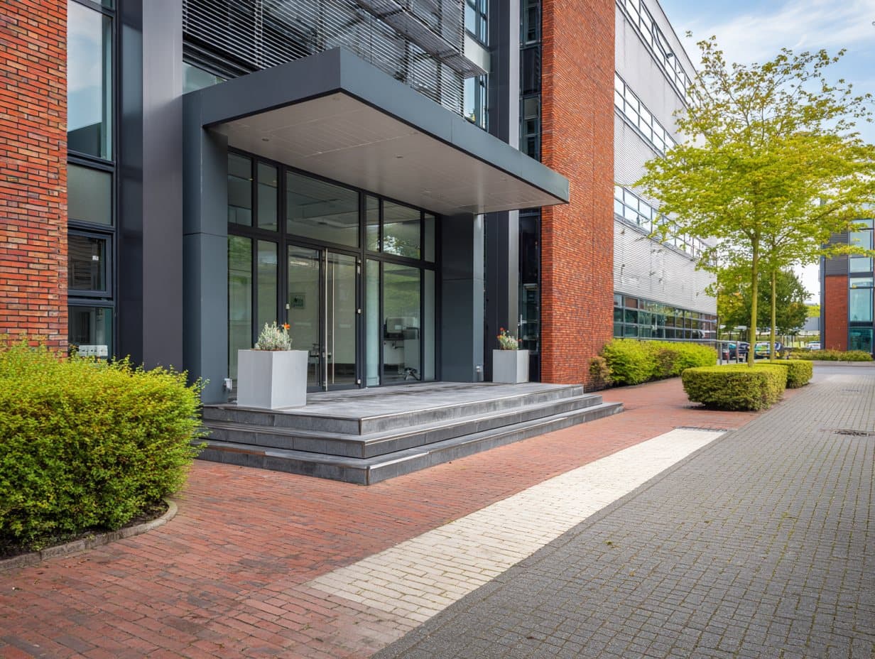 Entree van een bedrijfspand op een bedrijventerrein, met schone bestrating en heggen