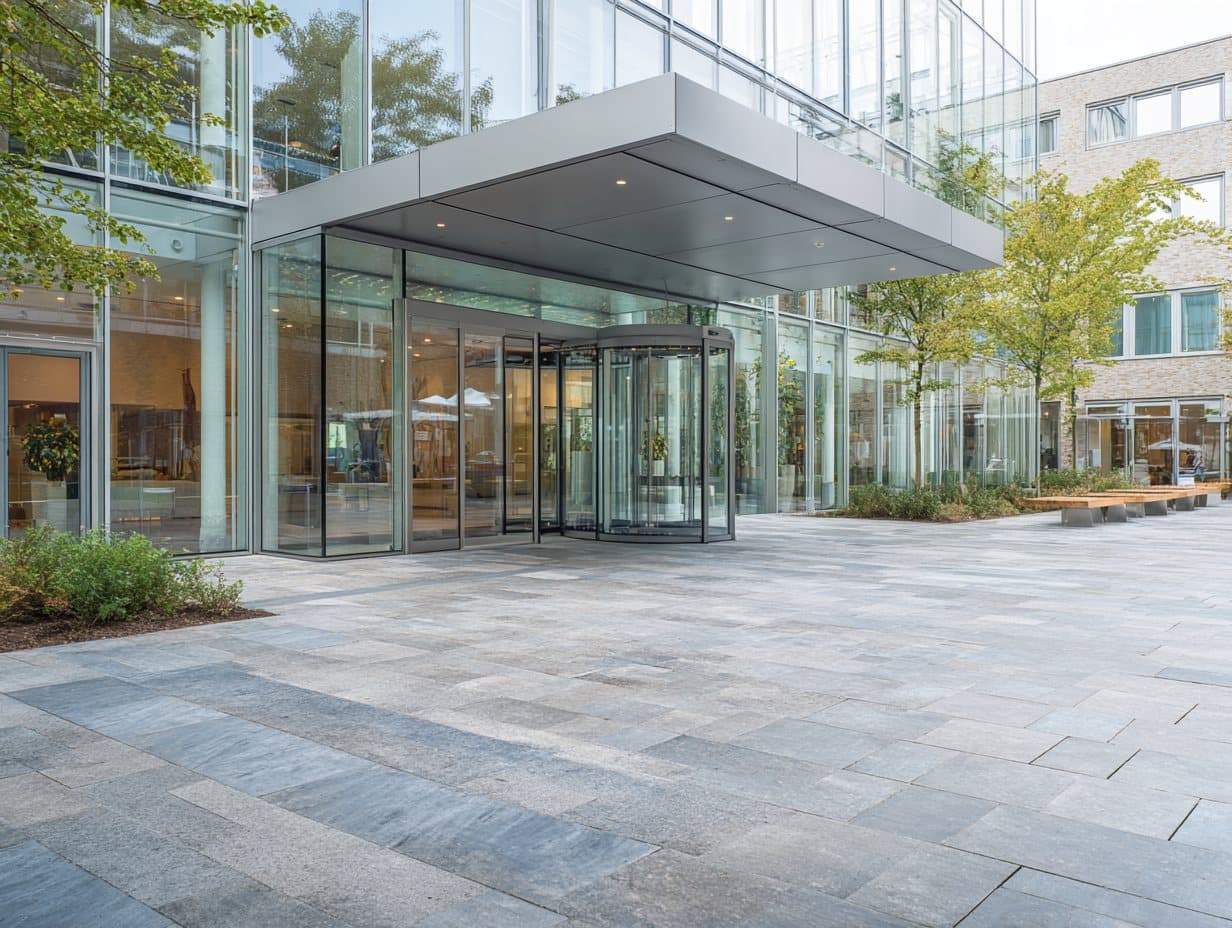 Glazen entree van een kantoorgebouw met schoon natuurstenen plein ervoor