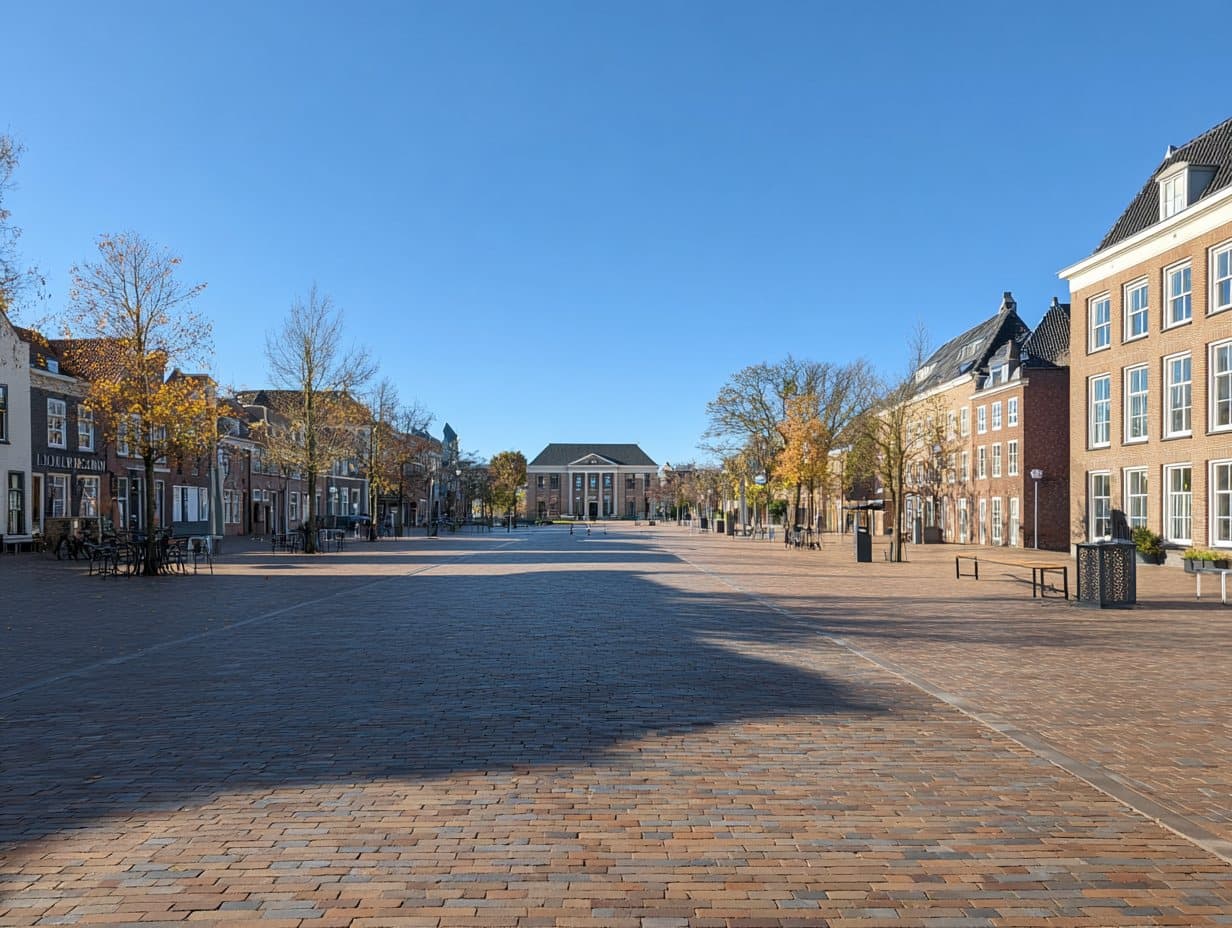 Schoon bestraat dorpsplein met bomen en historische gevels