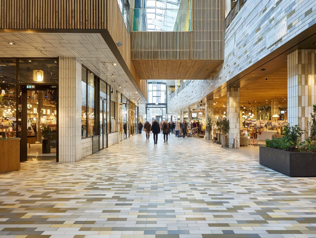 Overdekte winkelpassage met schone lichte tegelvloer en winkelende mensen